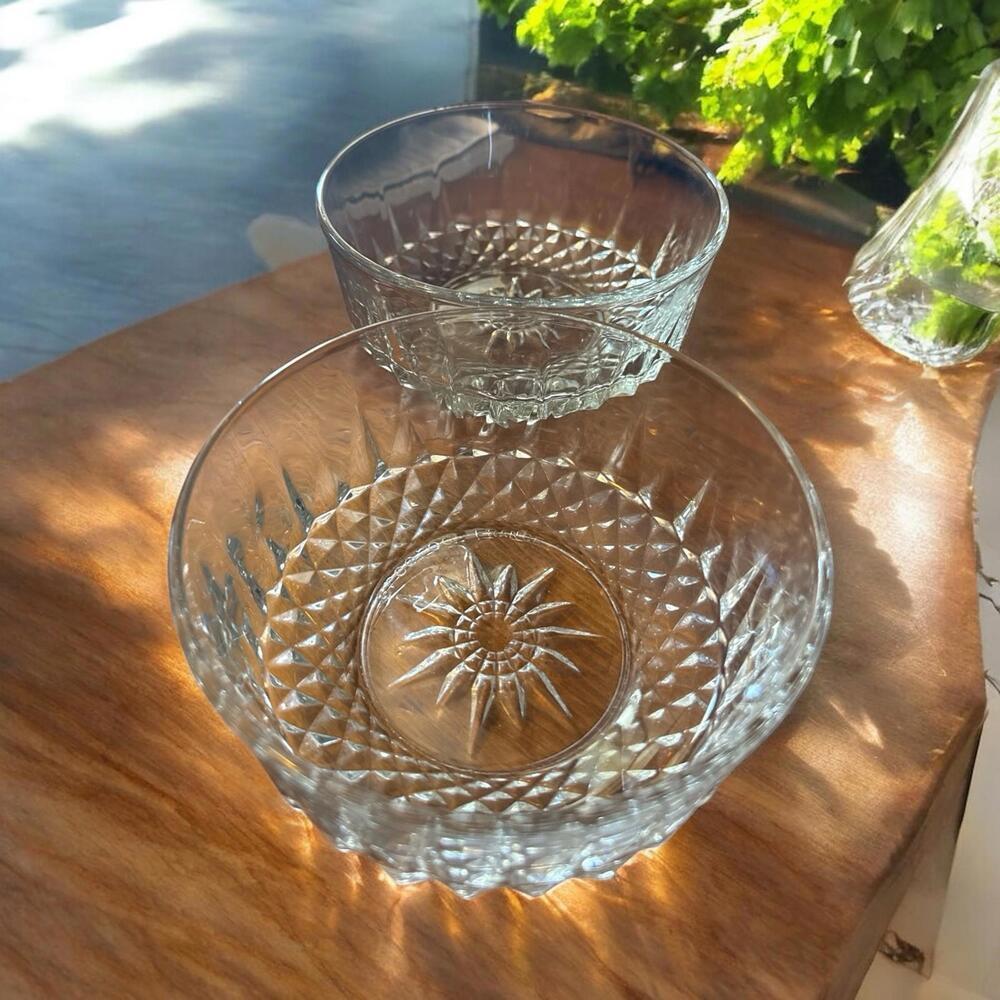ARCOROC FRANCE Starburst Diamond Pattern Clear Glass 5" Bowls Set of 2